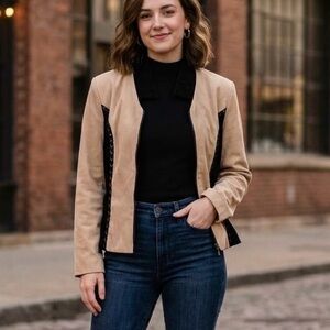 Jessica Tan Black Colorblock Zip Up Jacket Velour Suede Blazer Embroidered Chic